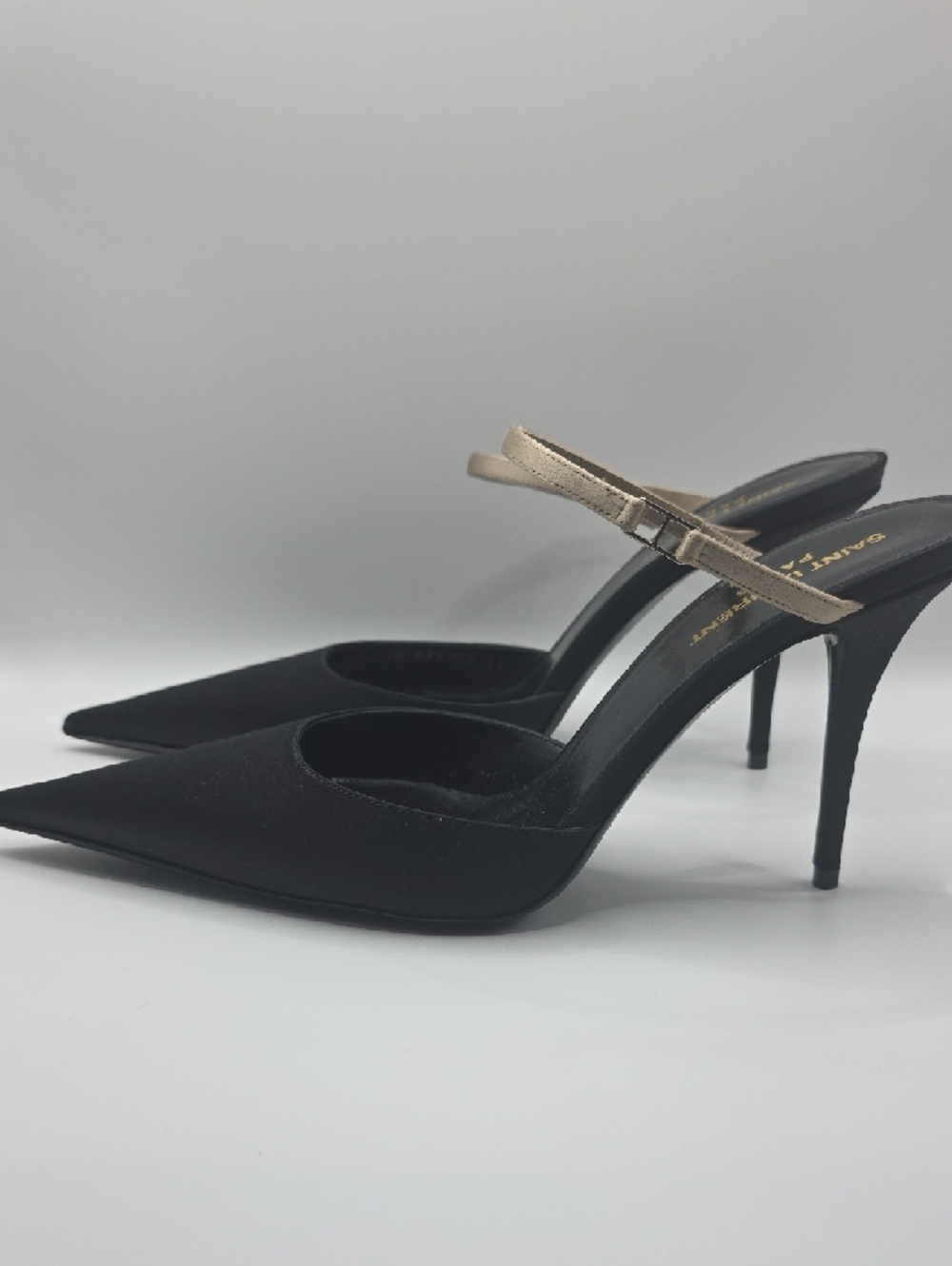 Saint Laurent Black Pointed Slingback Heels with Tan Strap - Picture 2 of 14
